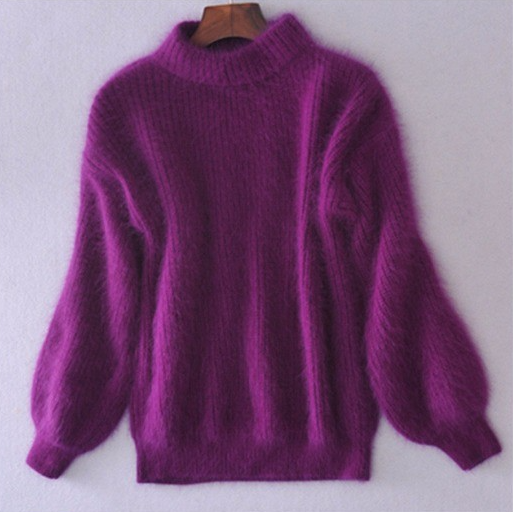 Luźny sweter z dzianiny w jednolitym kolorze - sweter w stylu vintage Angora 